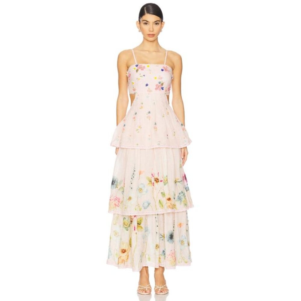 NWT LA FUORI Garden Gala Tier Dress in Pink Multi Floral